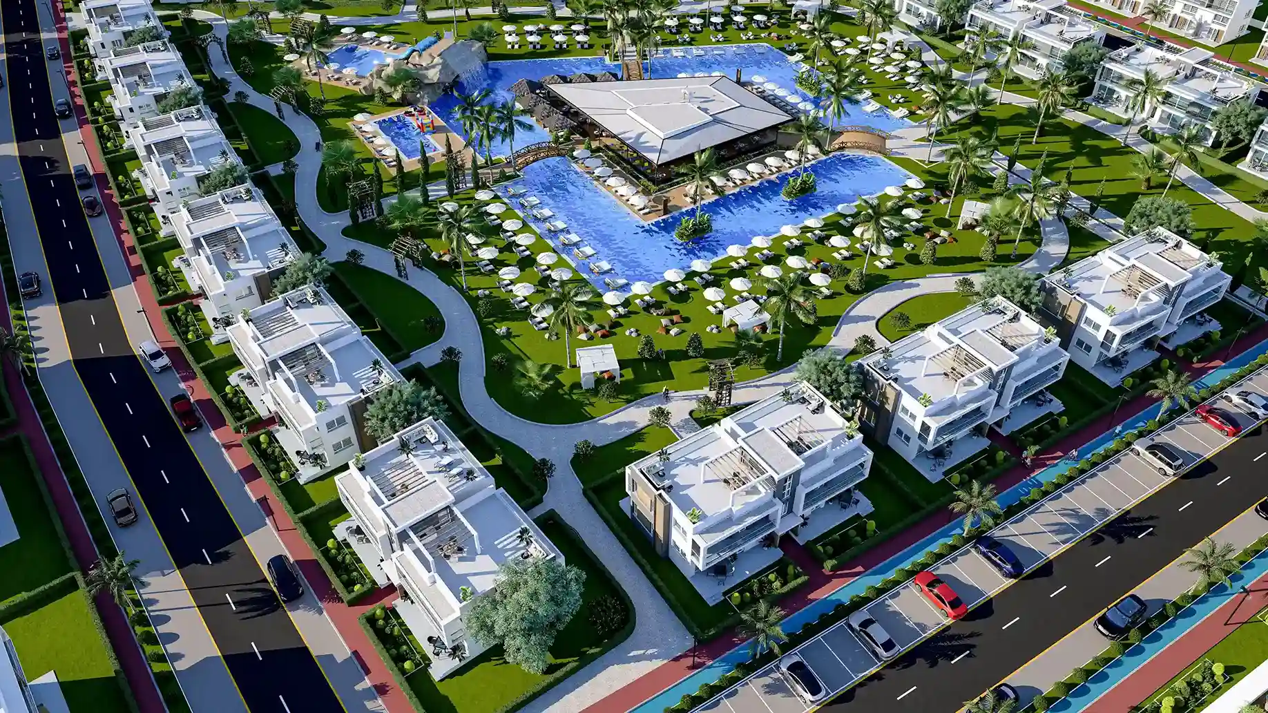 Direct beachfront view of Four Seasons Life III by Döveç Group, showing modern residential units steps away from the golden sands and blue waters of Iskele, North Cyprus.