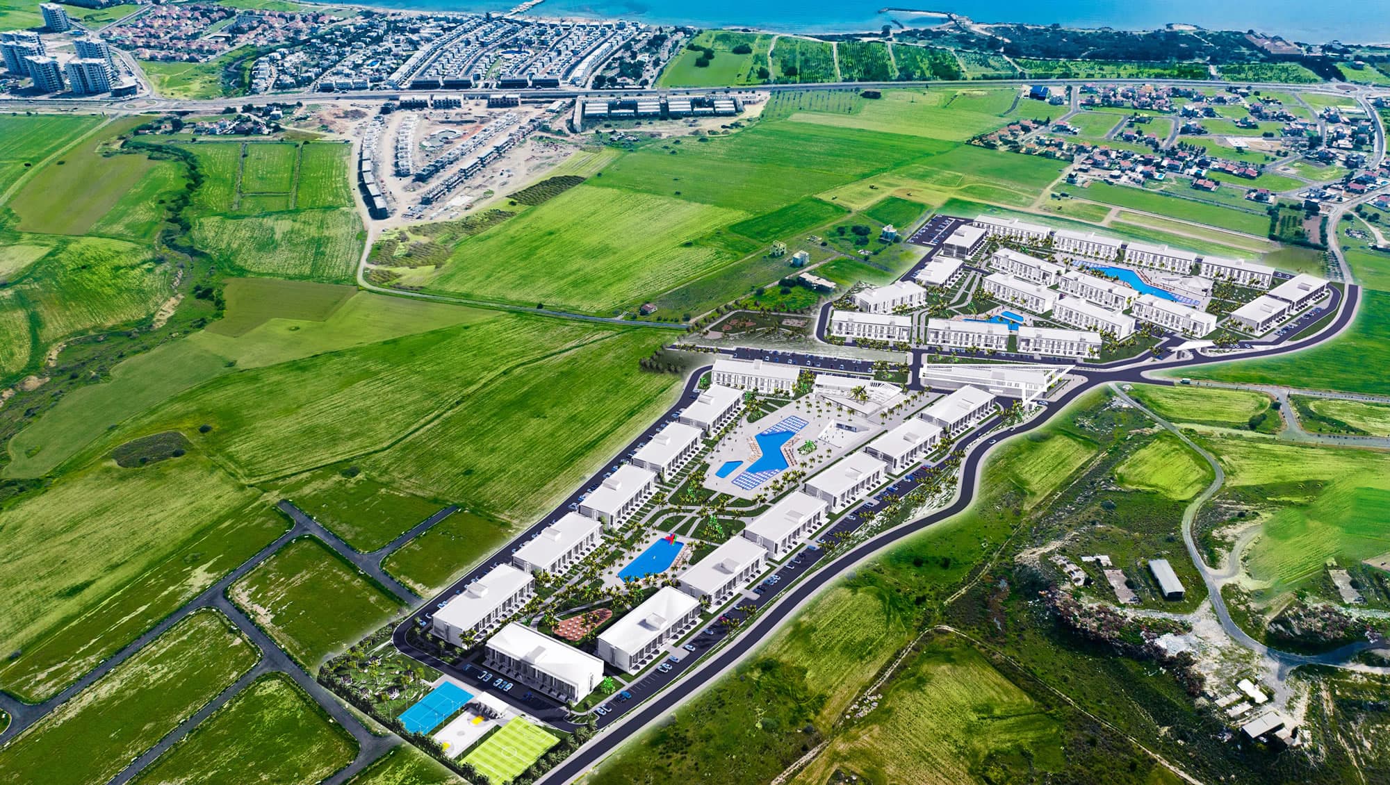 Döveç Group'un İskele'deki Courtyard Long Beach projesi, havuzlar ve Akdeniz bahçeleri, Kuzey Kıbrıs
