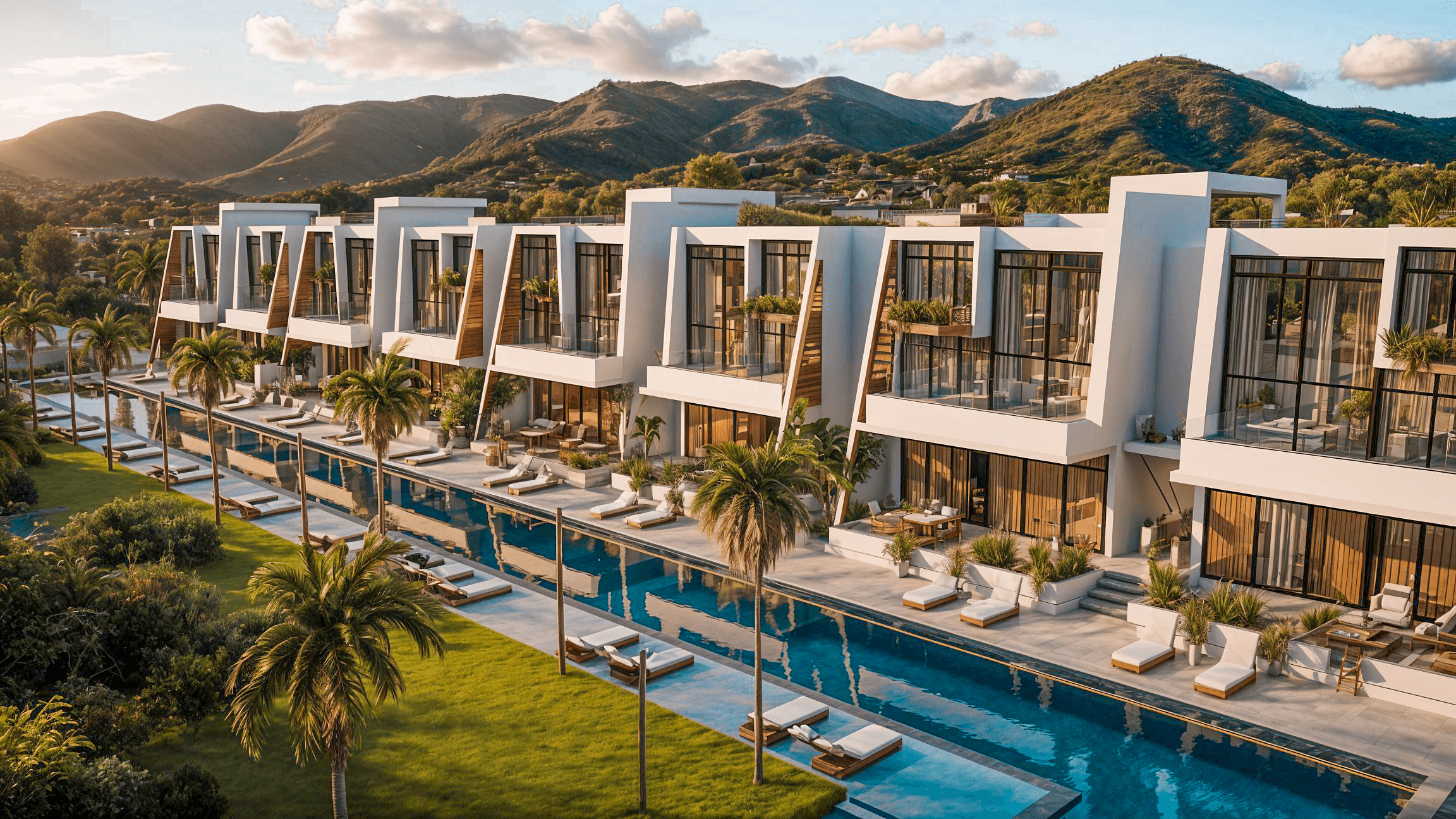 Aerial view of La Casalia luxury wellness resort and residential complex in North Cyprus overlooking the Mediterranean sea.