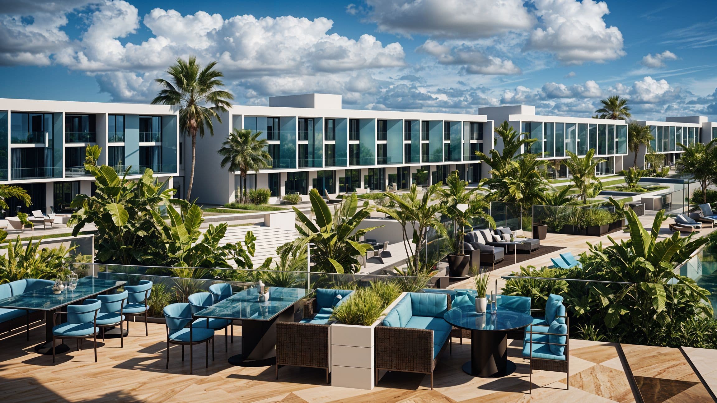 General view of Courtyard Platinum's modern architecture, large swimming pools, and landscaped areas in Iskele, North Cyprus.