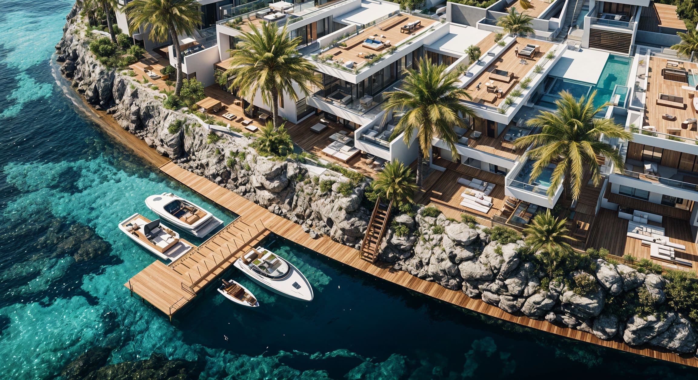 Modern eco-luxury architecture of Natulux project by Döveç Group, featuring tiered residential units with panoramic Mediterranean Sea views.